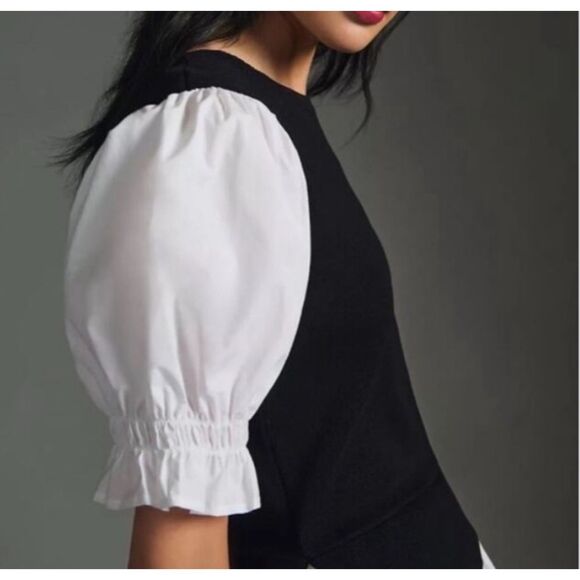 ~ Anthropologie L Sweater/Blouse Mixed Media Black White Balloon Poplin Knit Lg - Picture 3 of 15
